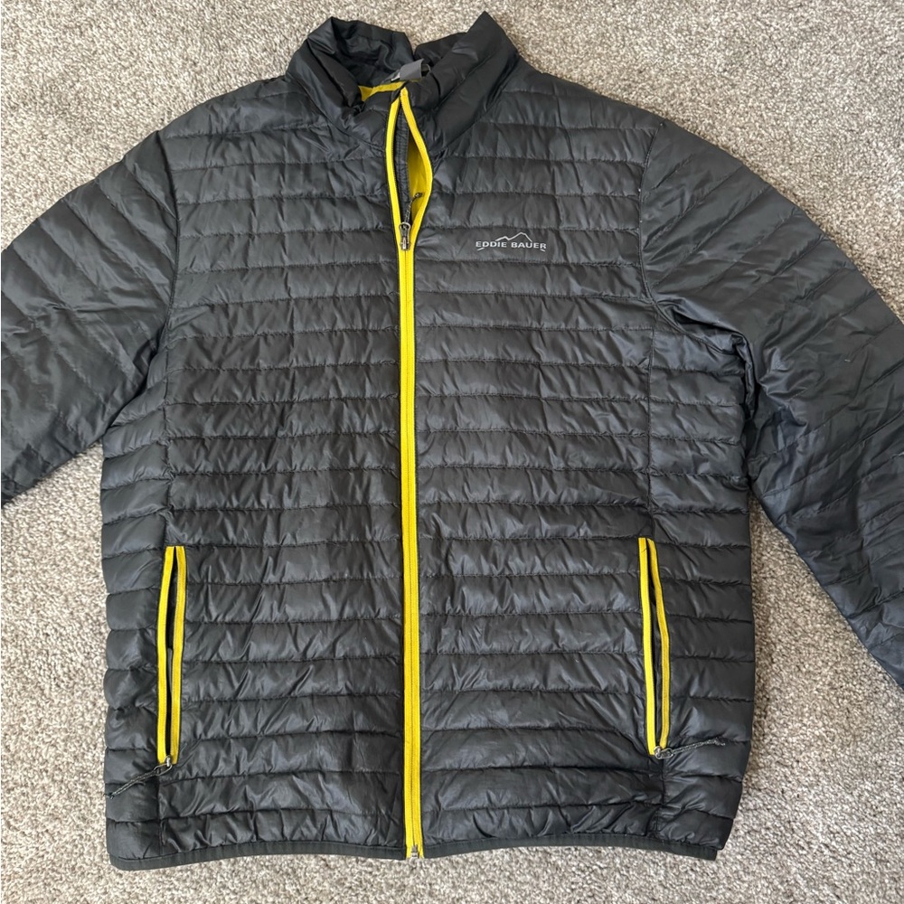 Eddie Bauer Dark Grey Puffer Jacket with Yellow Accents